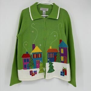 Tiara International Sweater Womens Large Christmas Holiday Scene Cardigan Gift